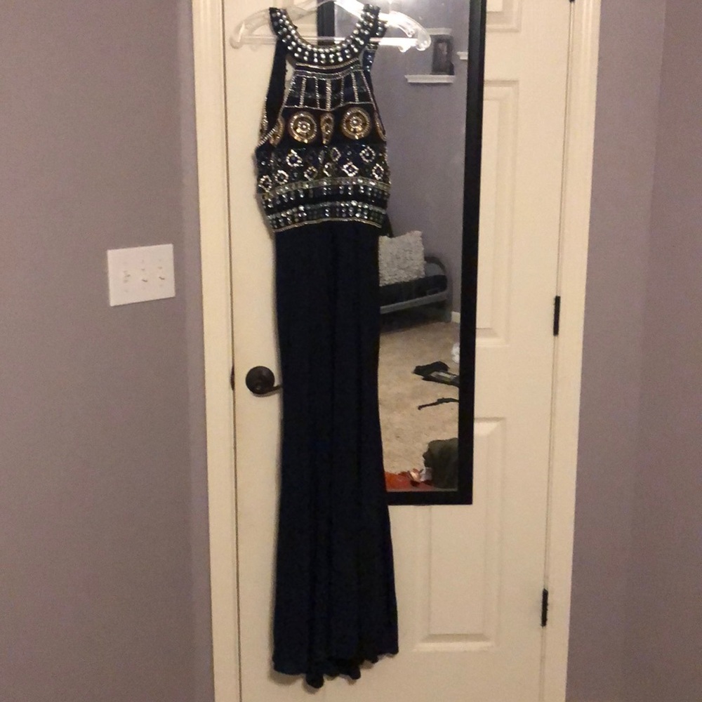 Navy blue straight prom dress with jeweled top